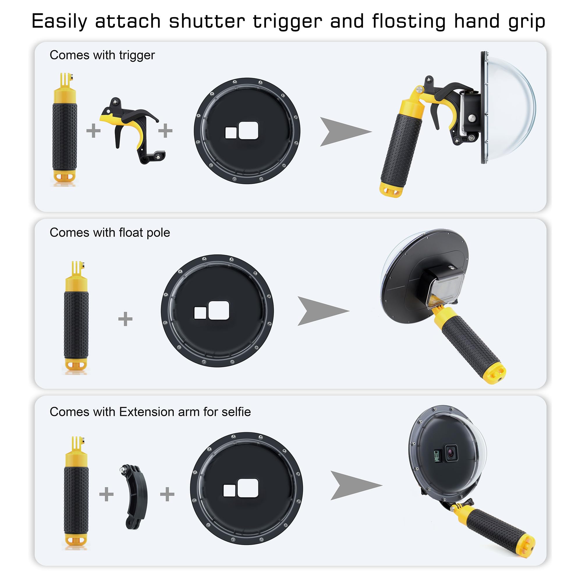 GEPULY Dome Port for GoPro Hero 7 Black/Silver/White, Hero 6 Black, Hero 5 Black, Hero 2018, Dome Port Lens with Waterproof Housing Case Trigger Floating Hand Grip for Underwater Photography