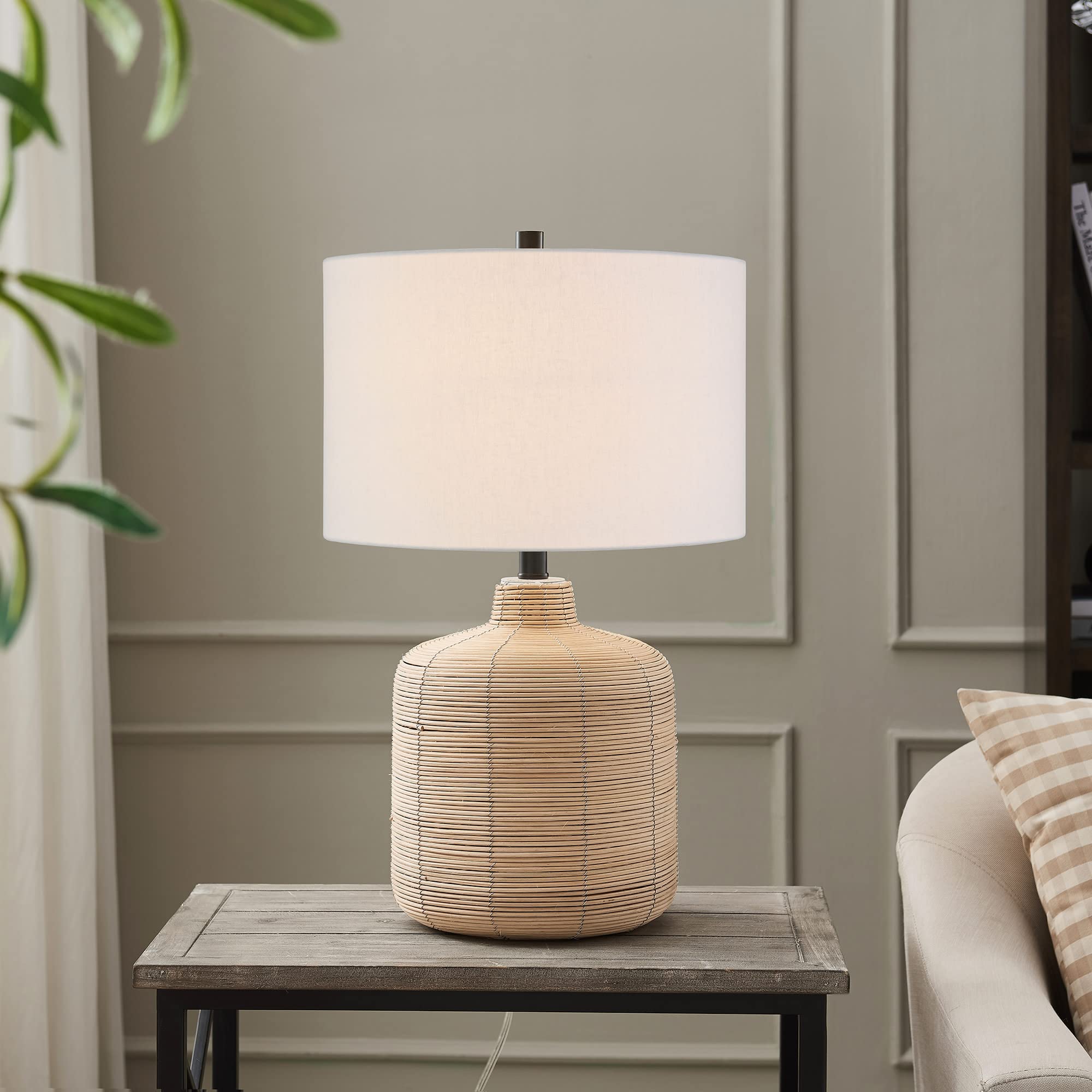 Henn&Hart 20.5" Tall Petite/Rattan Table Lamp with Fabric Shade in Natural Rattan/Brass/White, Lamp, Desk Lamp for Home or Office