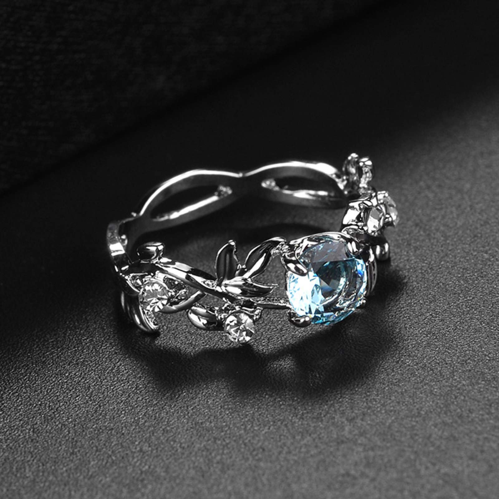 Rubyyouhe8 Women Creative Leaves Design Alloy Hollow Out Rhinestone Ring Charm JewelryRomantic Gift for Her Women Girls on Valentine's Day, Mother's Day, Birthdays -Sea Blue US 10