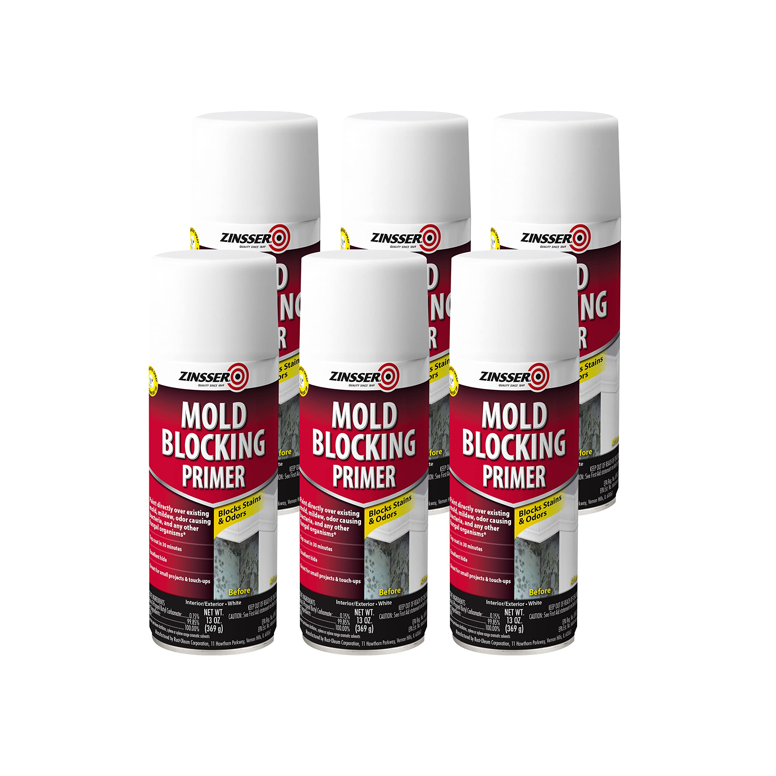 Rust-Oleum Zinsser 287512-6PK Mold Blocking Spray Primer, White, 13.00 Fl Oz (Pack of 6)