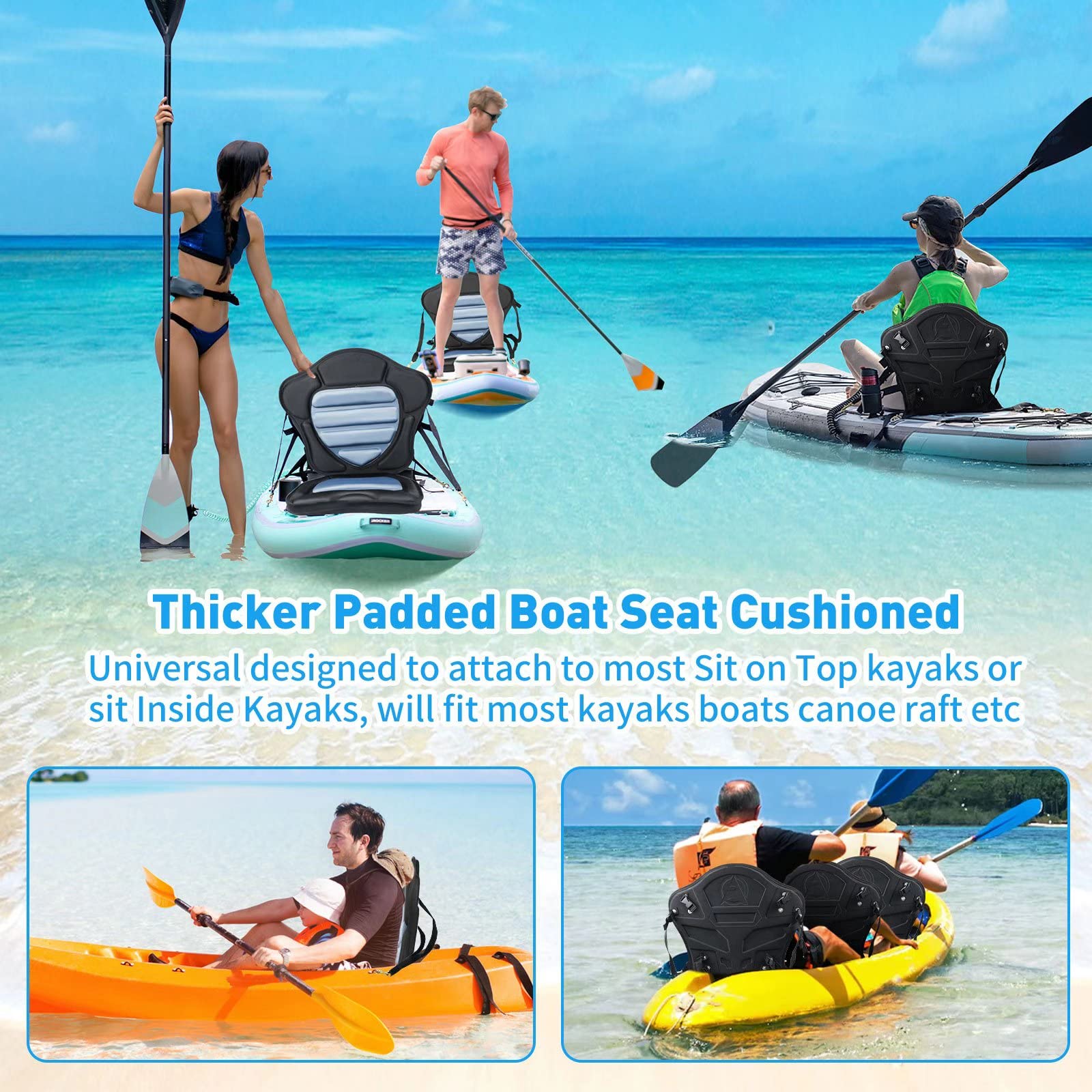 Kayak Seat Thickened Padded Kayak Seat Extra Thick Padded Sit-On-Top Canoe Seat Cushioned - Deluxe Fishing Boat Seat with 4 Pairs Fixed D-Ring & 4 Tie Down Pad Eyes and Screws for Kayaks Boats Canoes