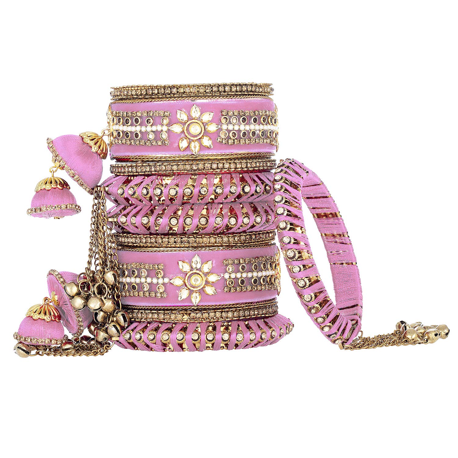 Aheli Wedding Party Designer Velvet Faux Stone Studded Bridal Bangle Set Chuda with Hangings Indian Traditional Ethnic Fashion Jewelry for Women Pink