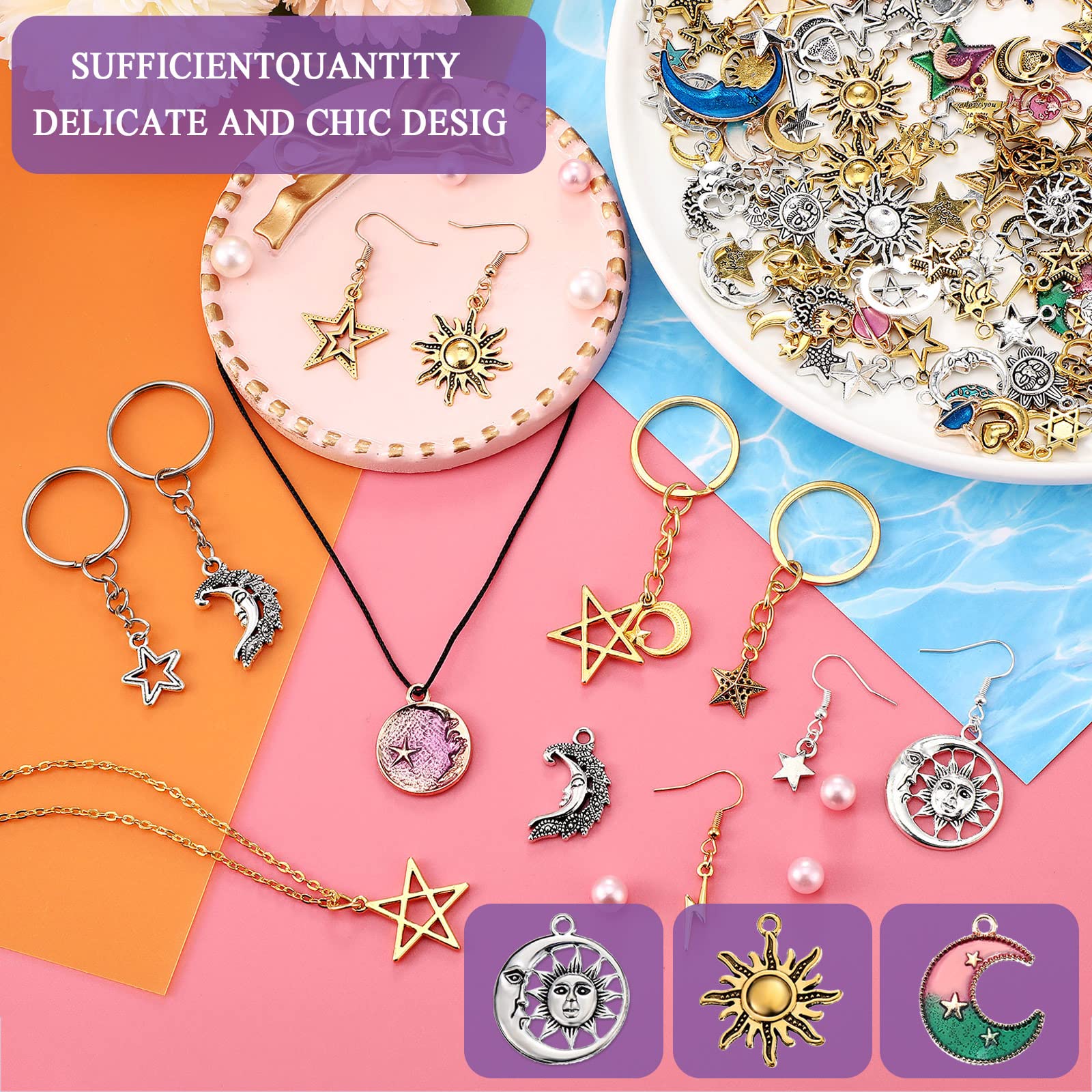 160 Pcs Bracelet Charms, Mixed Antique Sun Star Moon Charm Pendant Plated Celestial Charm for Jewelry Making (Silver, Gold, Blue, Purple)