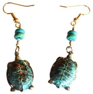 elaine coyne wearable art verdigris patina solid brass sea turtle dangle earrings - turquoise