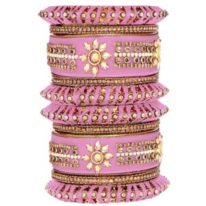 Aheli Wedding Party Designer Velvet Faux Stone Studded Bridal Bangle Set Chuda with Hangings Indian Traditional Ethnic Fashion Jewelry for Women Pink