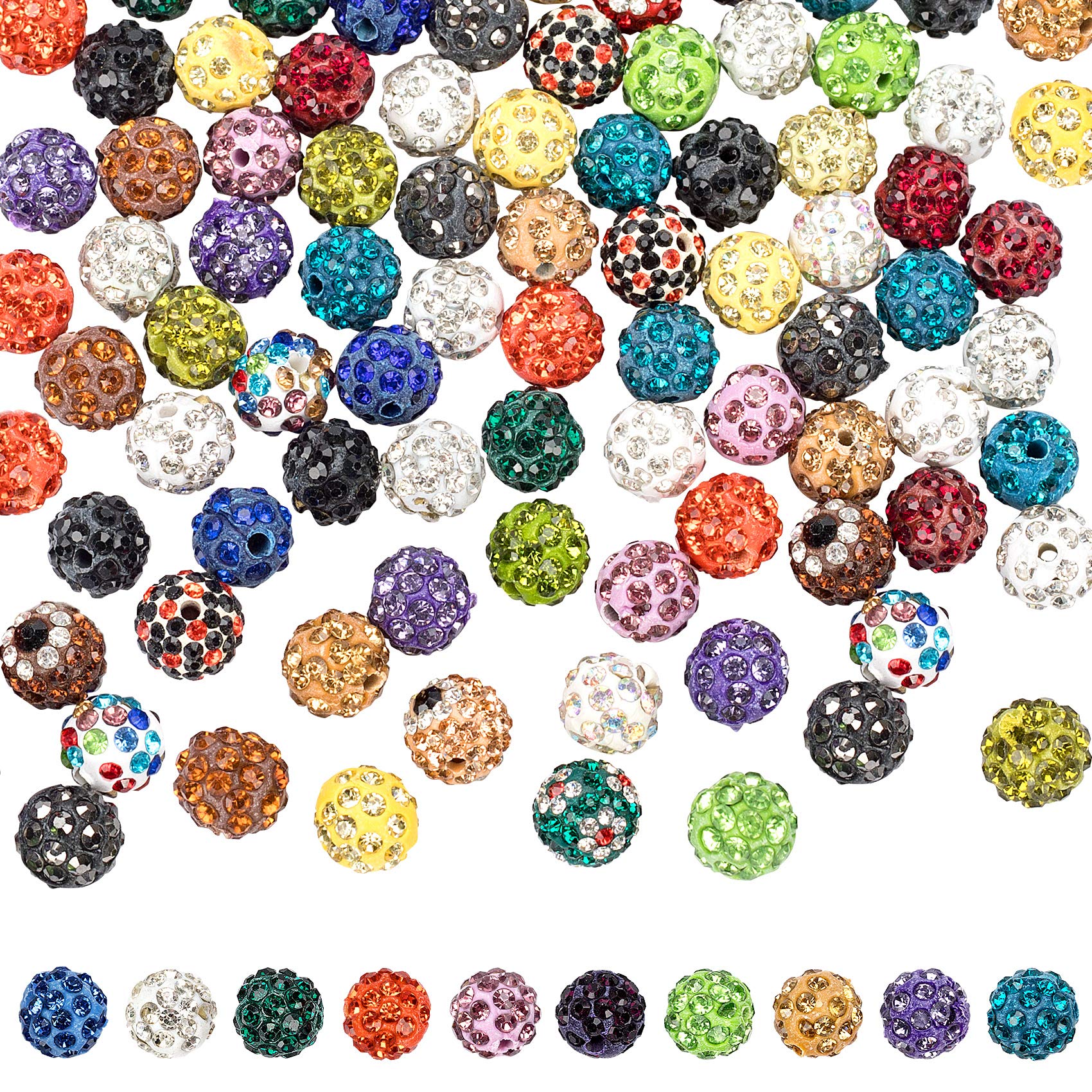 PAGOW 100 Pieces Rhinestone Clay Beads, Mixed Colors Pave Disco Ball Clay Beads with Rhinestones, Polymer Clay Crystal Round Rhinestone Beads Charms for Jewelry Making DIY Necklace Bracelet