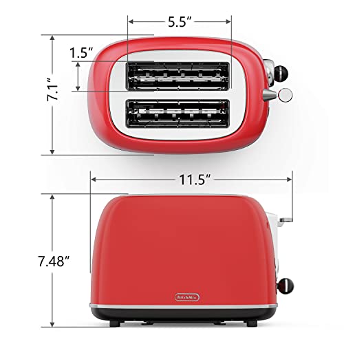 Toaster 2 slice,Retro Stainless Steel Toaster with 6 Settings, 1.5 In Extra Wide Slots, Bagel/Defrost/Cancel Function, Removable Crumb Tray (Red)