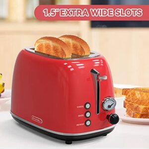 Toaster 2 slice,Retro Stainless Steel Toaster with 6 Settings, 1.5 In Extra Wide Slots, Bagel/Defrost/Cancel Function, Removable Crumb Tray (Red)