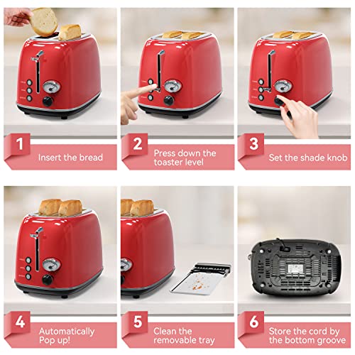 Toaster 2 slice,Retro Stainless Steel Toaster with 6 Settings, 1.5 In Extra Wide Slots, Bagel/Defrost/Cancel Function, Removable Crumb Tray (Red)