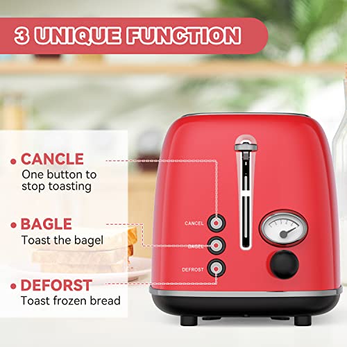 Toaster 2 slice,Retro Stainless Steel Toaster with 6 Settings, 1.5 In Extra Wide Slots, Bagel/Defrost/Cancel Function, Removable Crumb Tray (Red)