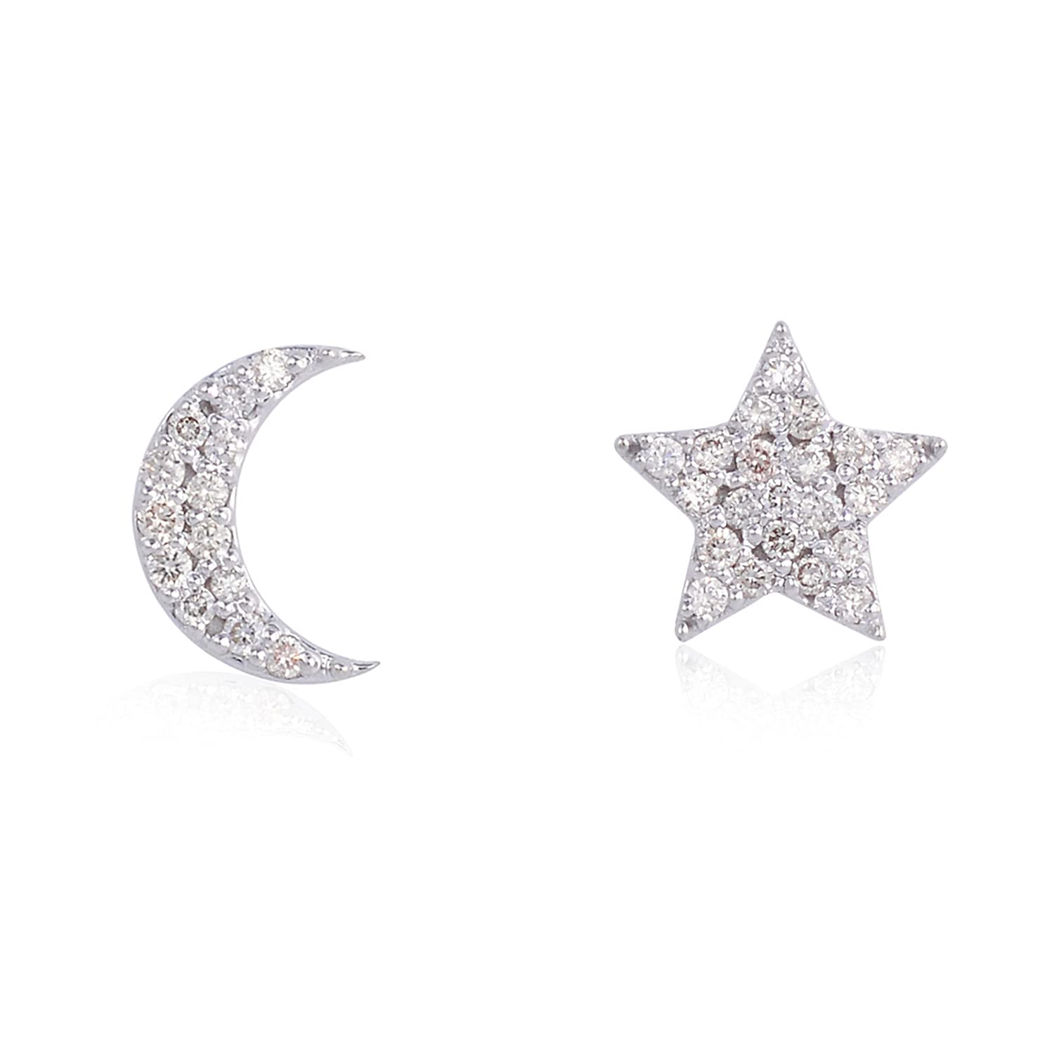 Certified 14K Solid Gold Star Moon Stud Earrings 0.13 Carat Natural Brilliant Cut Diamonds (G-H Color, SI1-SI2 Clarity) Fine Jewelry for Women Gifts for her