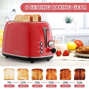 Toaster 2 slice,Retro Stainless Steel Toaster with 6 Settings, 1.5 In Extra Wide Slots, Bagel/Defrost/Cancel Function, Removable Crumb Tray (Red)