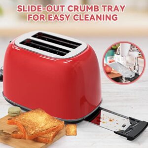 Toaster 2 slice,Retro Stainless Steel Toaster with 6 Settings, 1.5 In Extra Wide Slots, Bagel/Defrost/Cancel Function, Removable Crumb Tray (Red)