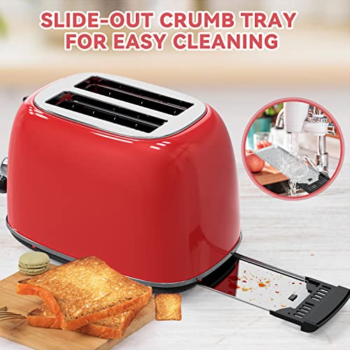 Toaster 2 slice,Retro Stainless Steel Toaster with 6 Settings, 1.5 In Extra Wide Slots, Bagel/Defrost/Cancel Function, Removable Crumb Tray (Red)