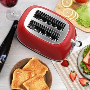 Toaster 2 slice,Retro Stainless Steel Toaster with 6 Settings, 1.5 In Extra Wide Slots, Bagel/Defrost/Cancel Function, Removable Crumb Tray (Red)