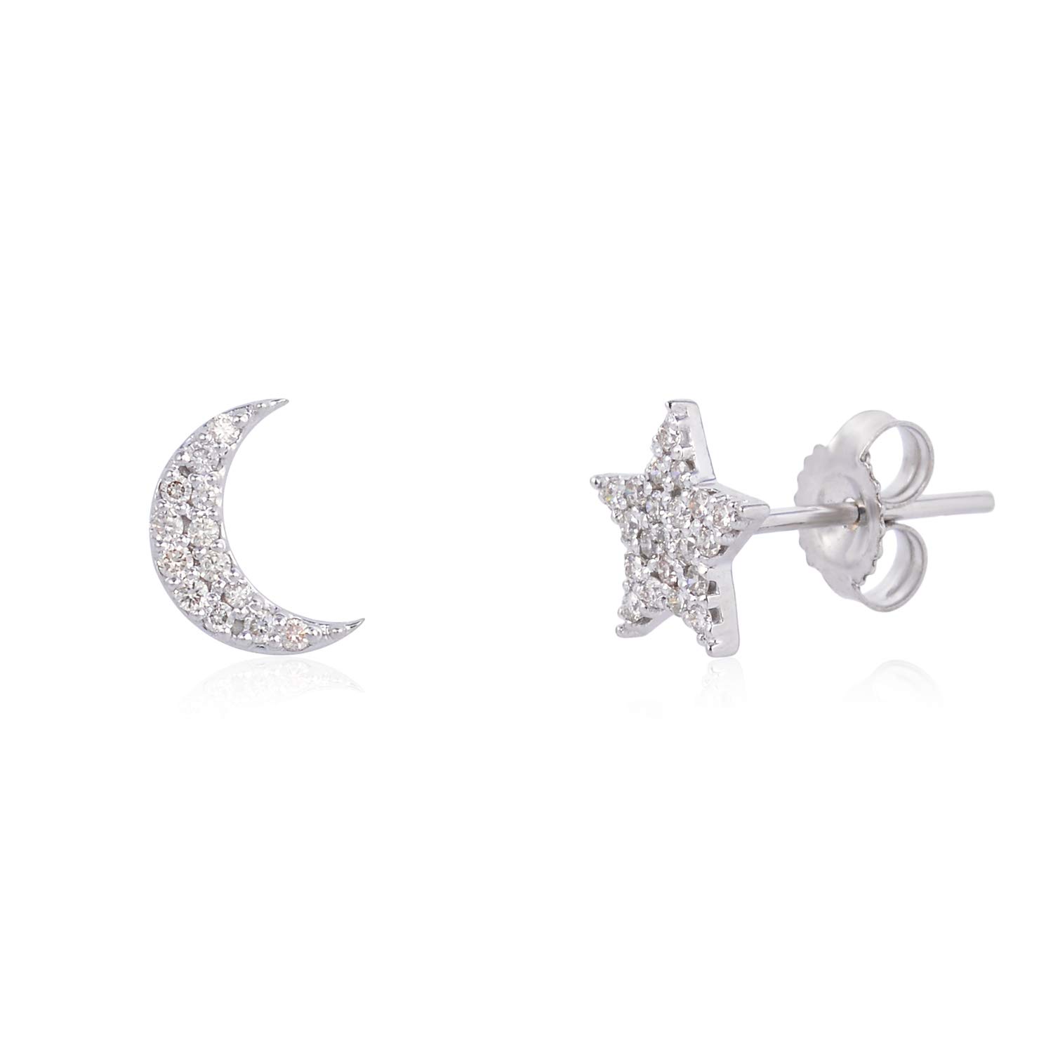 Certified 14K Solid Gold Star Moon Stud Earrings 0.13 Carat Natural Brilliant Cut Diamonds (G-H Color, SI1-SI2 Clarity) Fine Jewelry for Women Gifts for her