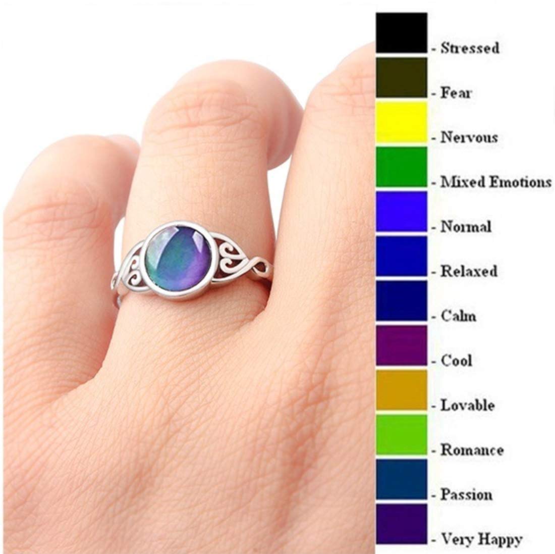 LVTING 925 Silver Temperature-Control Changeable Ring Mood Change Color Rings Retro Flower Round Stone Engagement Mood Ring for Women (8#)