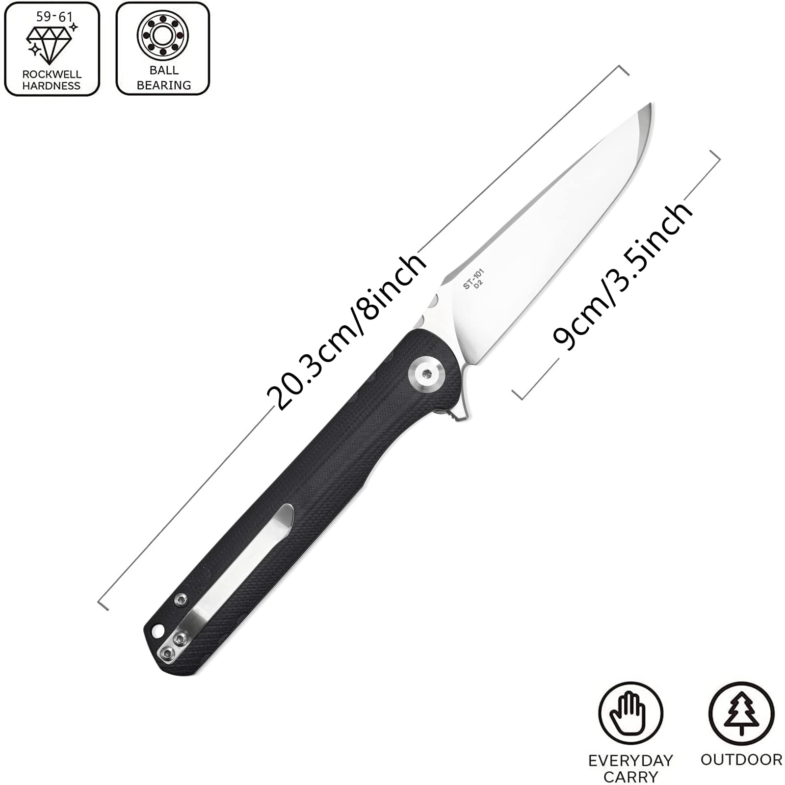 Sitivien ST101 Folding Knife, D2 Steel Blade+G10 Handle Tool Knife, EDC Pocket Knife for Outdoor, Camping, Hunting, Survival (Black)