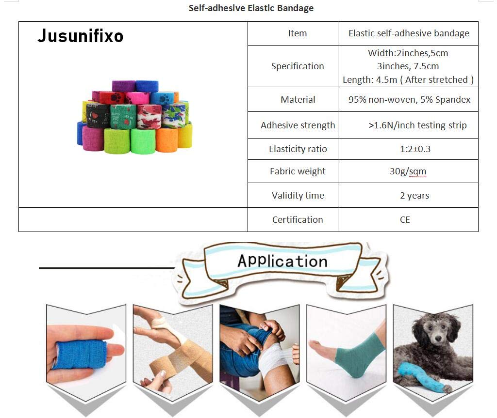 Jusunifixo 2 Inch Self Adhesive Bandage with Custom Package,Wrap Self Adherent Cohesive Breathable Sports Tape for First Aid, Leg,Dog Injury, Sprains and Swelling, 6 Colors-12 Rolls(Rainbow)