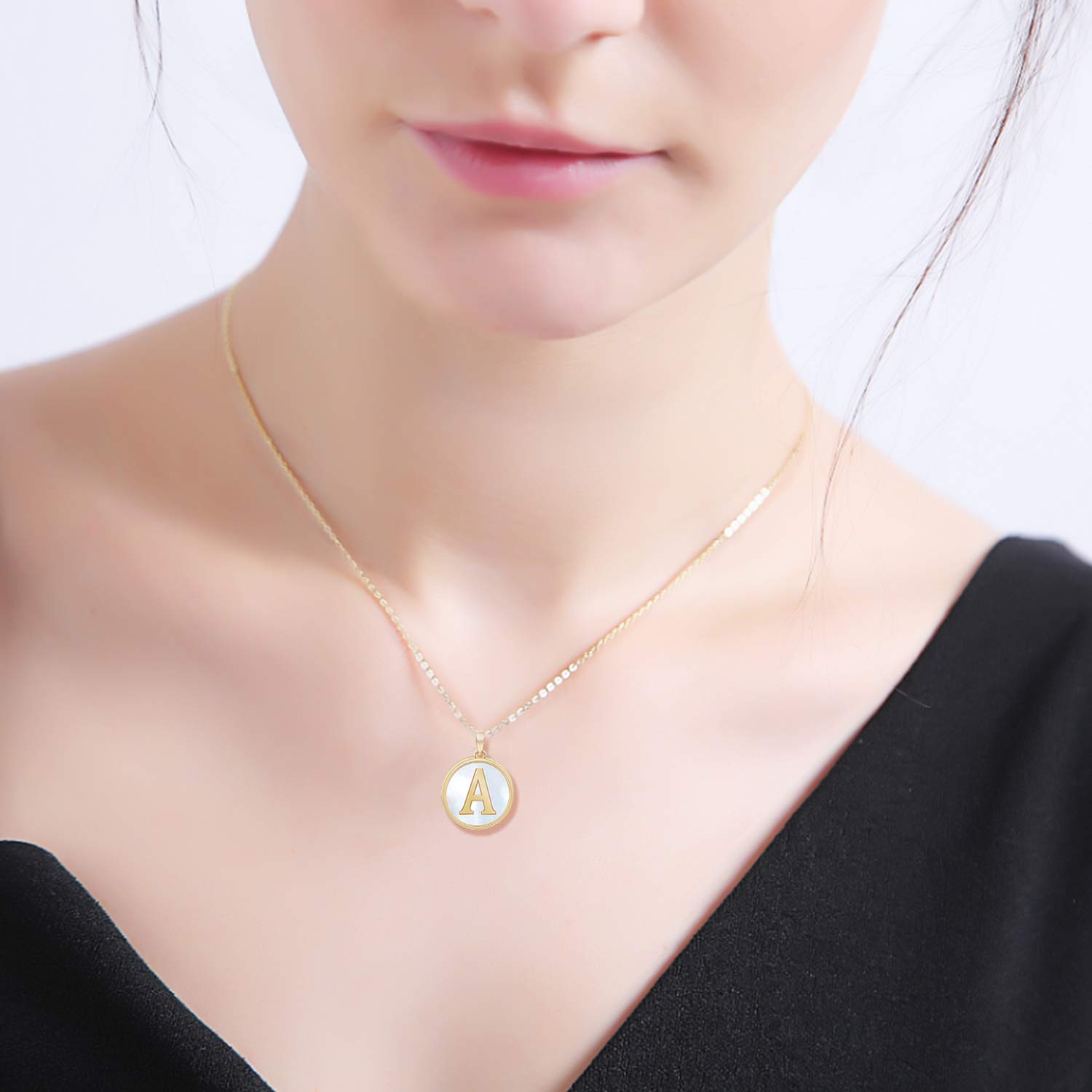 VOLUKA Jewelry Gift for Women Initial Necklace Mother of Pearl Capital Letter I Alphabet Pendant 18K Gold Plated 19” Adjustable Chain Personalized Name Link