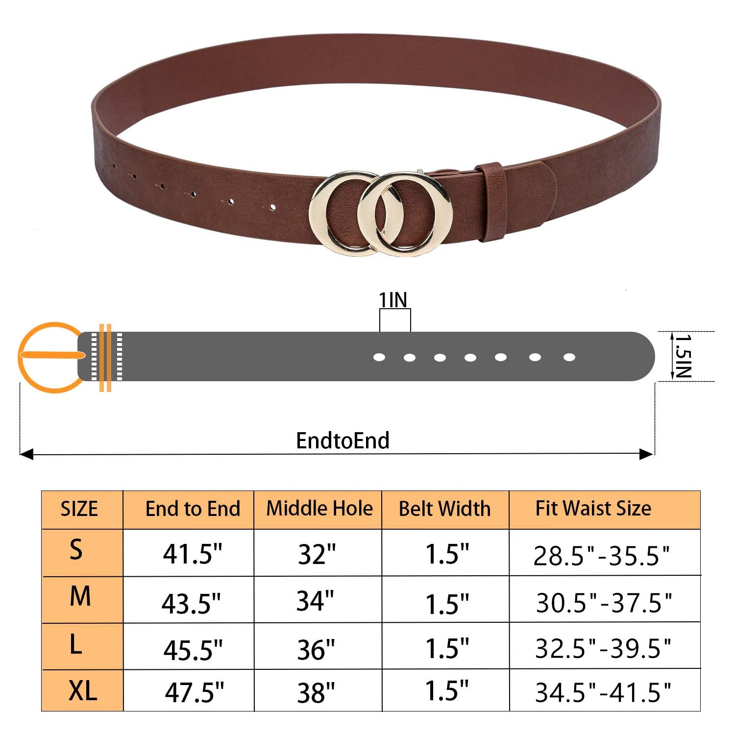 STRSTAR Women's Leather Belts Faux Leather Belt for Jeans Pants Dress, Fashion Gold Buckle Double Ring Belt Women