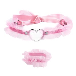 MILAKOO Pink Wedding Lace Heart Floral Choker Necklaces Adjustable&Strecth Lace Bracelet for Bridal