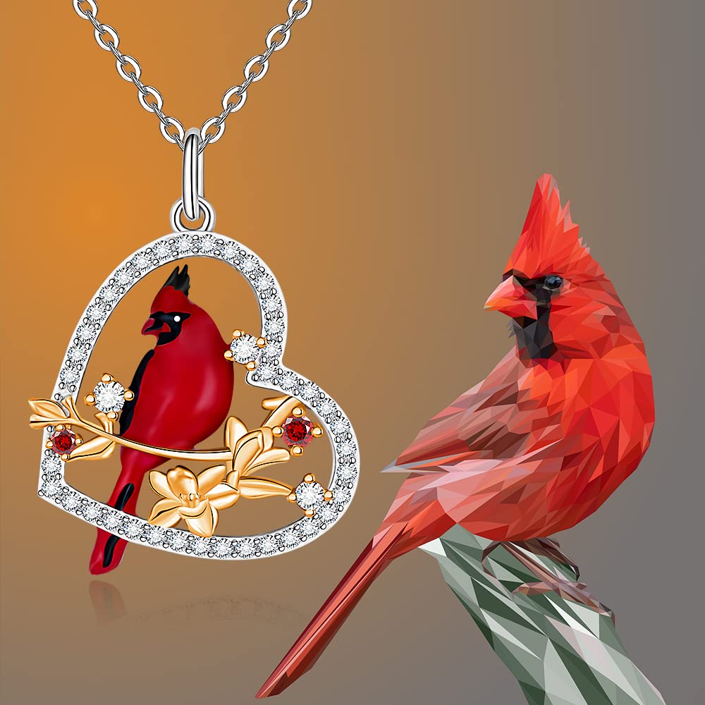 Sterling Silver Heart Red Cardinal Necklace for Women Mom Mother Daughter Friend Crystal Couples Cute Bird Necklaces Dainty Cubic Zirconia Long Chain