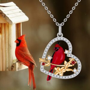 Sterling Silver Heart Red Cardinal Necklace for Women Mom Mother Daughter Friend Crystal Couples Cute Bird Necklaces Dainty Cubic Zirconia Long Chain