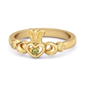 MOONEYE Multi Choice Your Gemstone Petite Claddagh 0.02 Ctw 925 Sterling Silver Yellow Gold Plated Crown Ring (7, peridot)