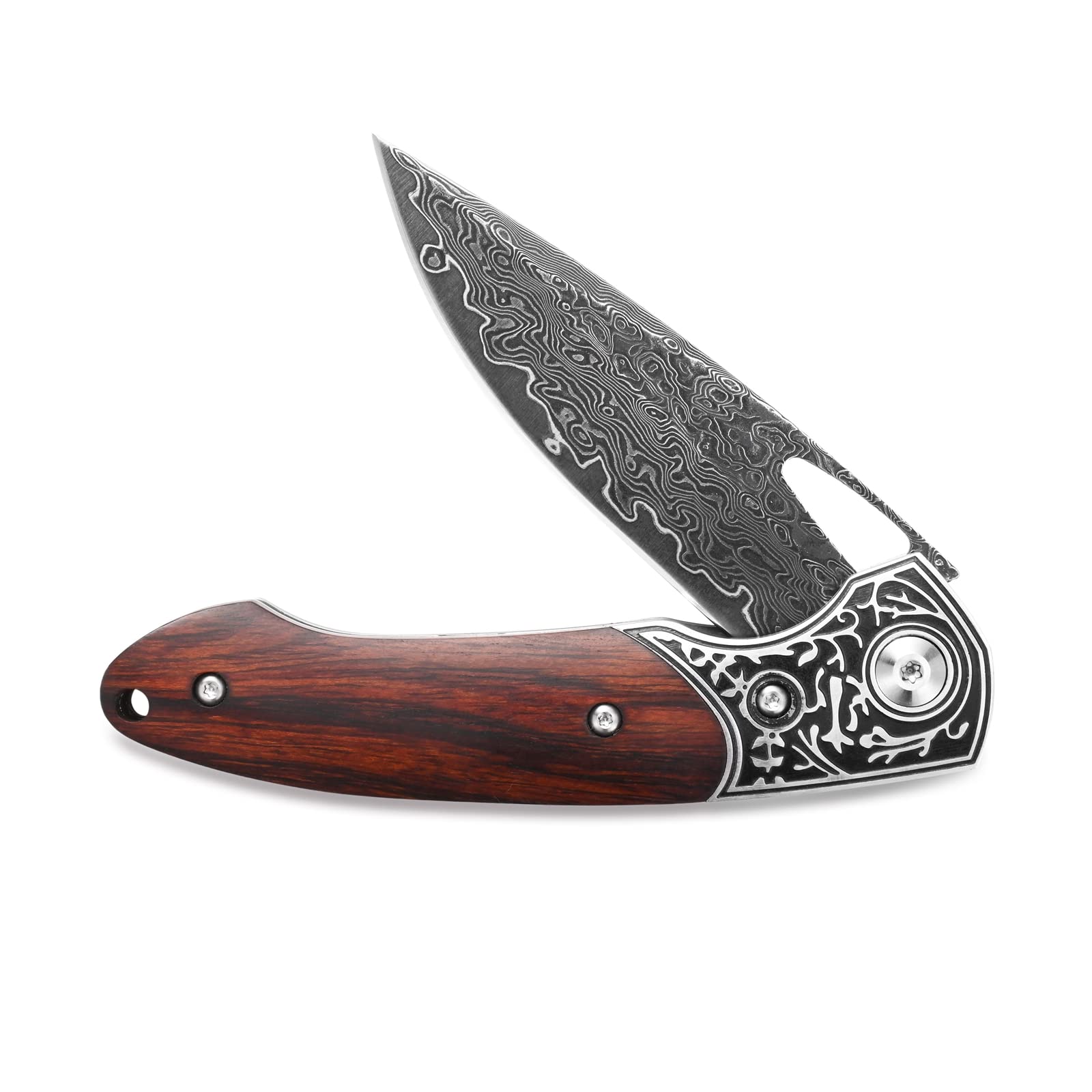 Siitivien ST205 Damascus Steel Folding Knife, VG10 Core Blade, Desert Ironwood+CNC Precision Carving Handle Pocket Knife, EDC Tatical Tool Knife for Outdoor, Camping, Hunting, Hiking, Survival … …