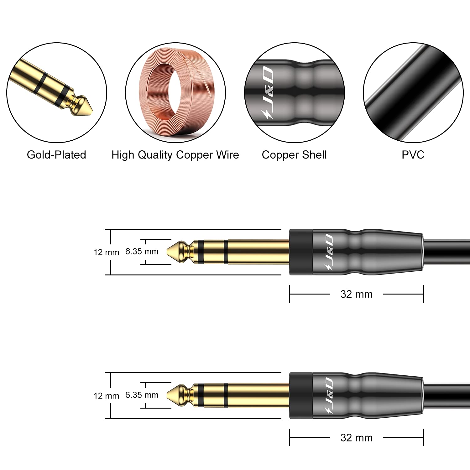 J&D 1/4 inch TRS Instrument Cable, Gold Plated Copper Shell 6.35mm 1/4 inch TRS Male to 6.35mm 1/4 inch TRS Male Stereo Cable, 6 Feet