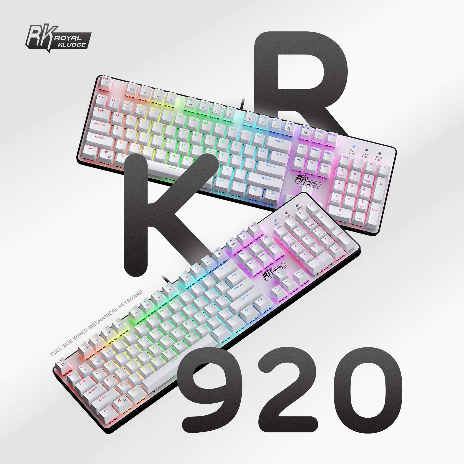 RK ROYAL KLUDGE RK920 Full Size Mechanical Keyboard, Rainbow Backlit Gaming Keyboard, 104 Keys Wired Mechanical Keyboard with Number Pad, Quite Red Switch