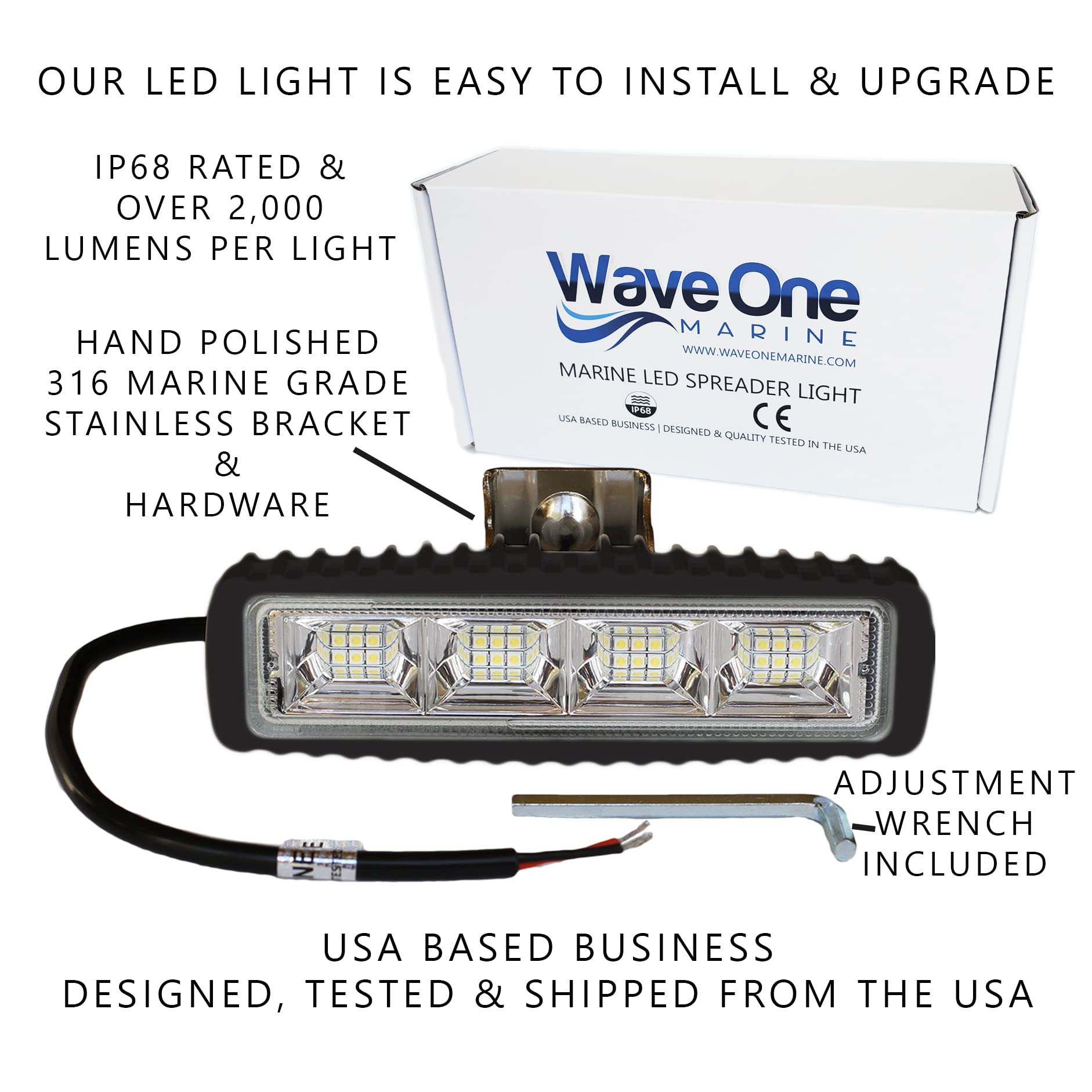 Wave One Marine | Hi-Lumen LED Spreader Light | IP68 Waterproof Boat Deck Flood Beam | Bright 2000+ Lumen Output for Night Fishing (Black Housing)