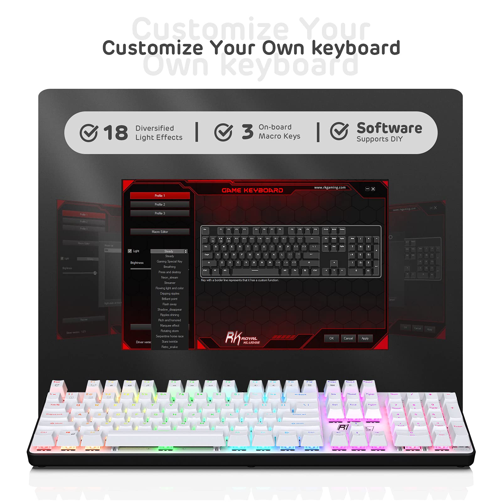 RK ROYAL KLUDGE RK920 Full Size Mechanical Keyboard, Rainbow Backlit Gaming Keyboard, 104 Keys Wired Mechanical Keyboard with Number Pad, Quite Red Switch