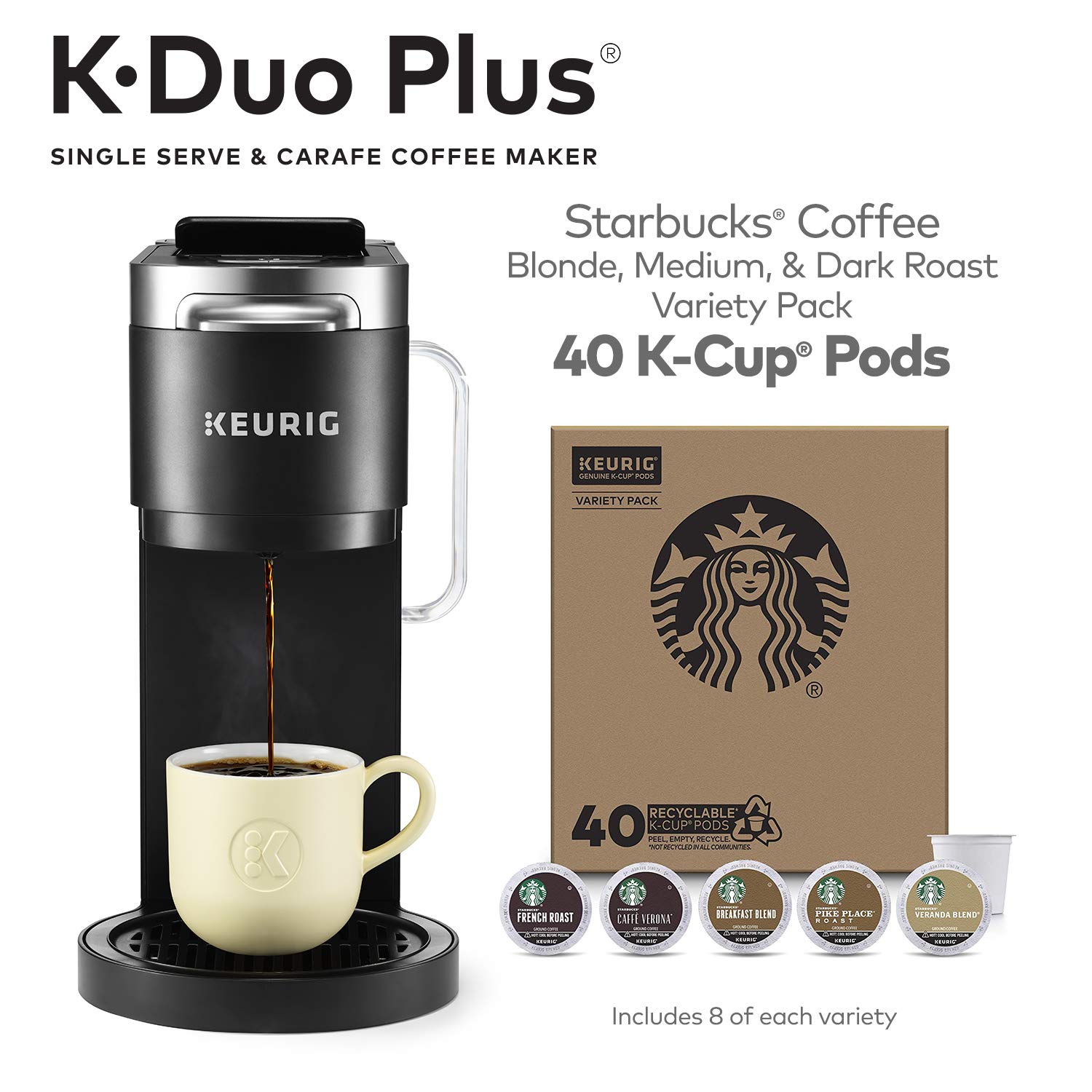 Keurig K-Duo Plus Coffee Maker, Single Serve and 12-Cup Carafe Drip Coffee Brewer, Black + Starbucks K-Cup Coffee Pods — Blonde, Medium & Dark Roast Variety — 1 Box (40 Pods Total)