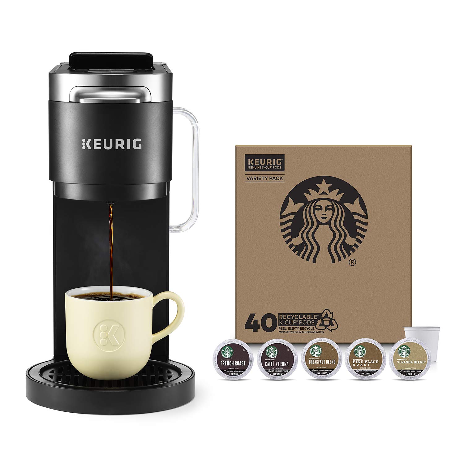 Keurig K-Duo Plus Coffee Maker, Single Serve and 12-Cup Carafe Drip Coffee Brewer, Black + Starbucks K-Cup Coffee Pods — Blonde, Medium & Dark Roast Variety — 1 Box (40 Pods Total)