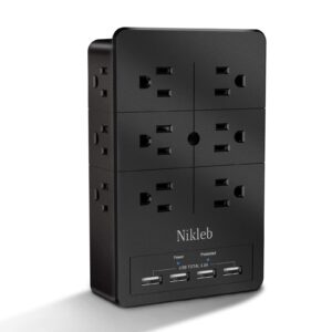 multiple plug outlet extender nikleb, surge protector 12 outlets, plug extender with 4 usb ports shared 4.8a, wall outlet covers with phone holder, charger block low profile, usb plug space saved