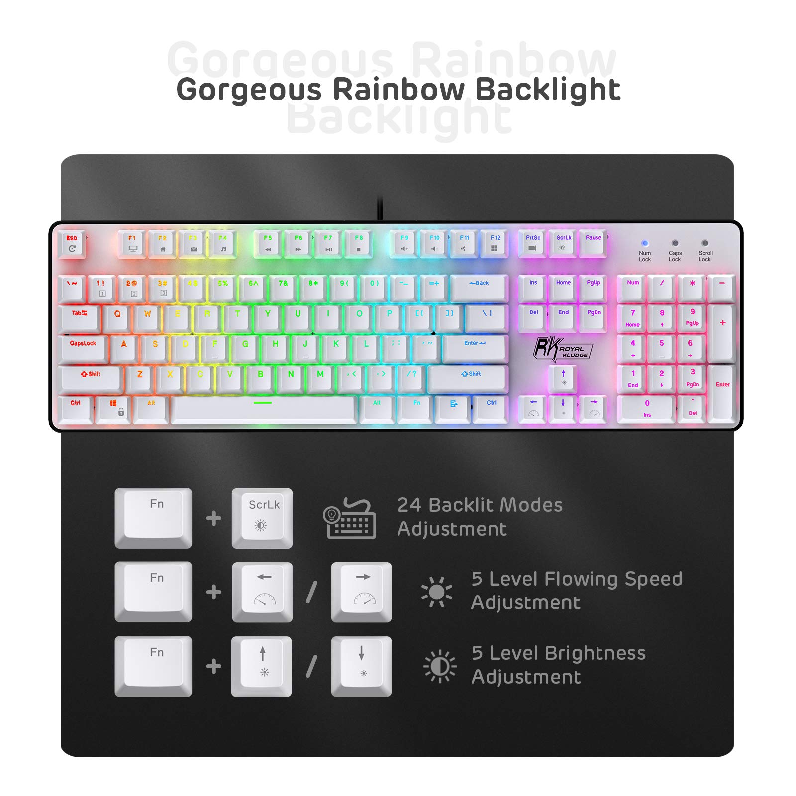 RK ROYAL KLUDGE RK920 Full Size Mechanical Keyboard, Rainbow Backlit Gaming Keyboard, 104 Keys Wired Mechanical Keyboard with Number Pad, Quite Red Switch