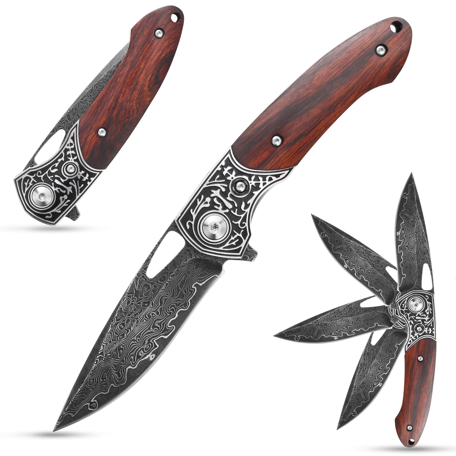 Siitivien ST205 Damascus Steel Folding Knife, VG10 Core Blade, Desert Ironwood+CNC Precision Carving Handle Pocket Knife, EDC Tatical Tool Knife for Outdoor, Camping, Hunting, Hiking, Survival … …