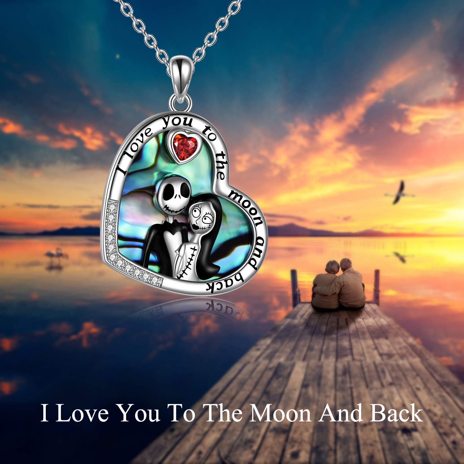 ONEFINITY Jack And Sally Jewelry Sterling Silver Nightmare Abalone Shell Heart Necklace I Love You To the Moon and Back Jewelry Before Christmas Gifts for Women Her