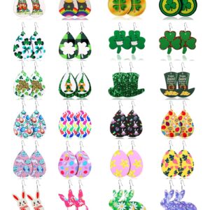 Honsny 24 Pairs St Patrick's Day Easter Earrings for Women Faux Leather Teardrop Dangle Earrings Set Clover Green Hat Easter Egg Dangle Earrings Jewelry for Women Drop Earrings