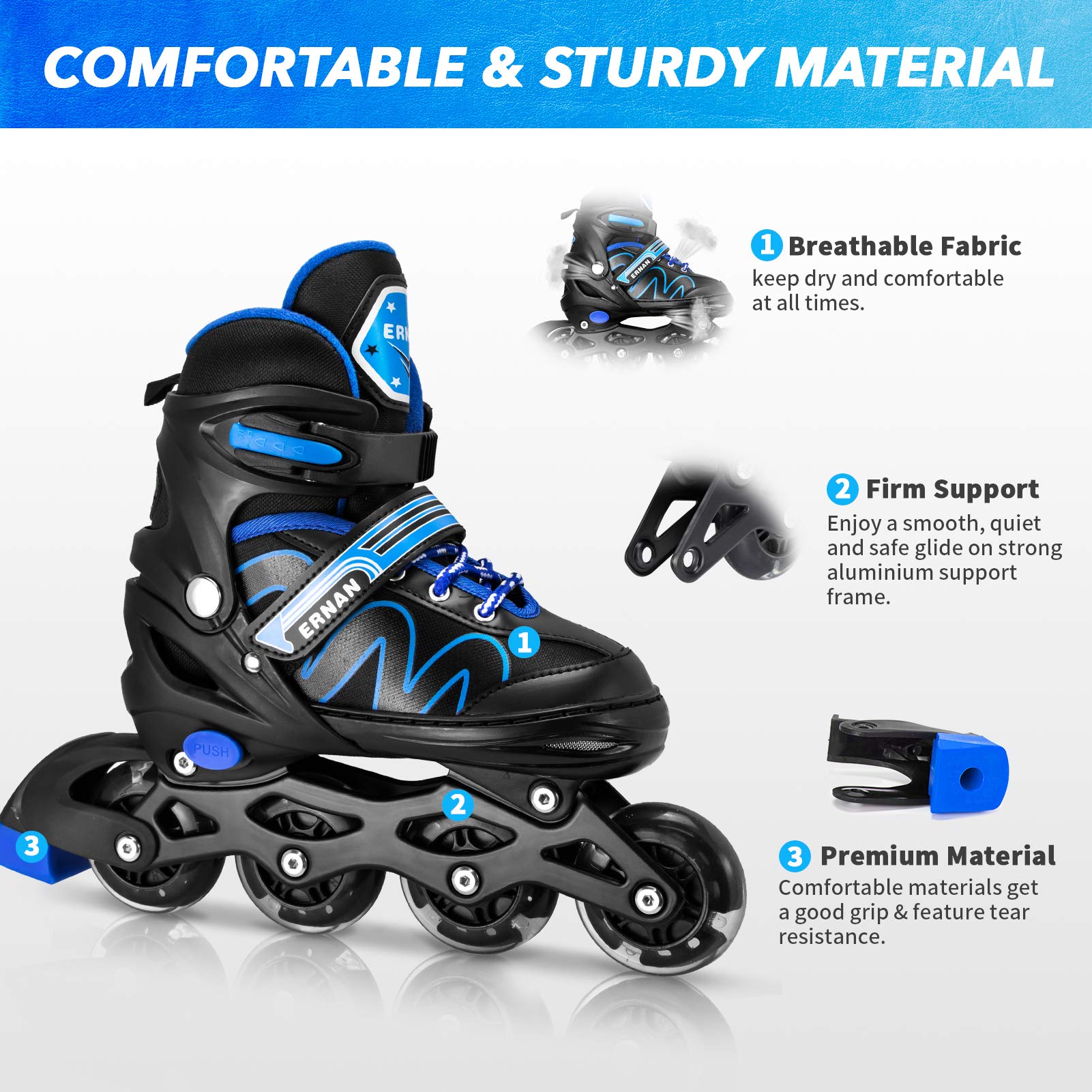 ERNAN Inline Roller Skates,Adjustable Inline Skate for Kids and Adults with Full Light Up Wheels,Outdoor Roller Blades for Boys and Girls, Men and Women (Blue)