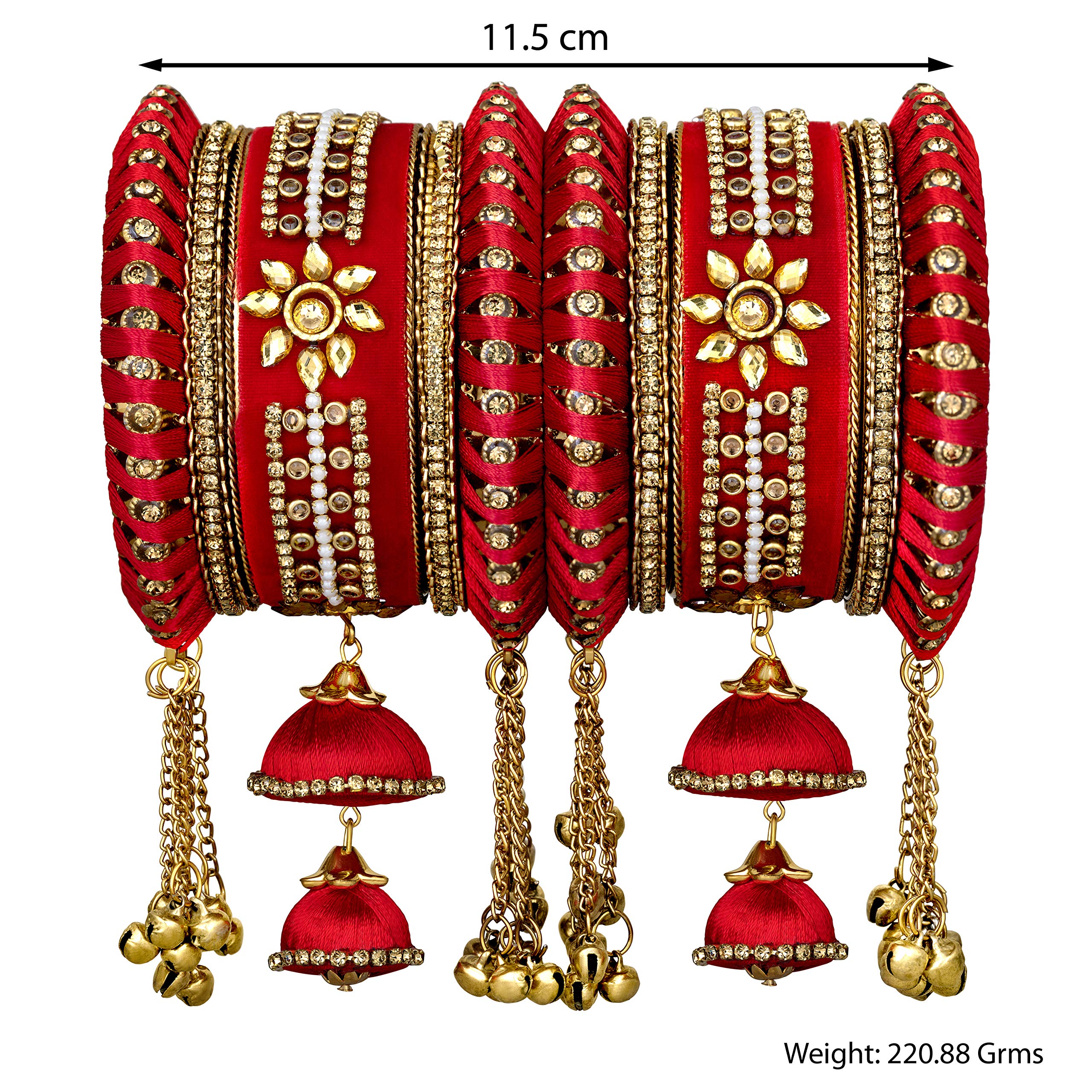 Aheli Wedding Party Designer Velvet Faux Stone Studded Bridal Bangle Set Chuda with Hangings Indian Traditional Ethnic Fashion Jewelry for Women(Red)