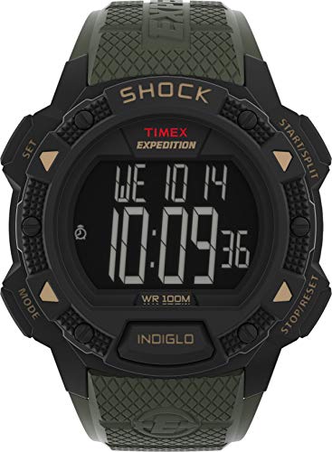 Timex Men's Expedition Base Shock 45mm Watch – Black Resin Case Green Resin Strap