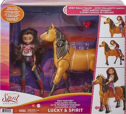 Mattel Spirit Untamed Lucky Doll & Spirit Horse Figure, Ride Together Playset & 2 Accessories, Doll "Jumps" & "Rides" on Walking Horse