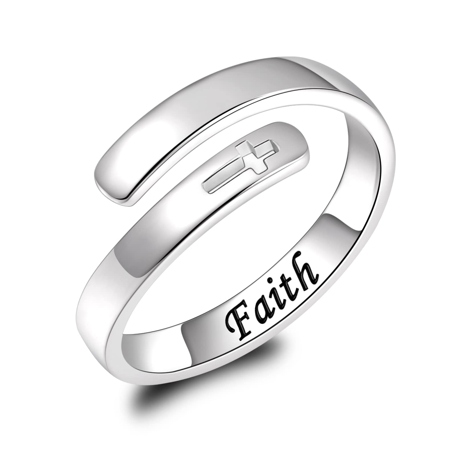 BEILIN 925 Sterling Silver Faith Cross Ring Inspirational Jewelry Gifts Adjustable Rings for Women