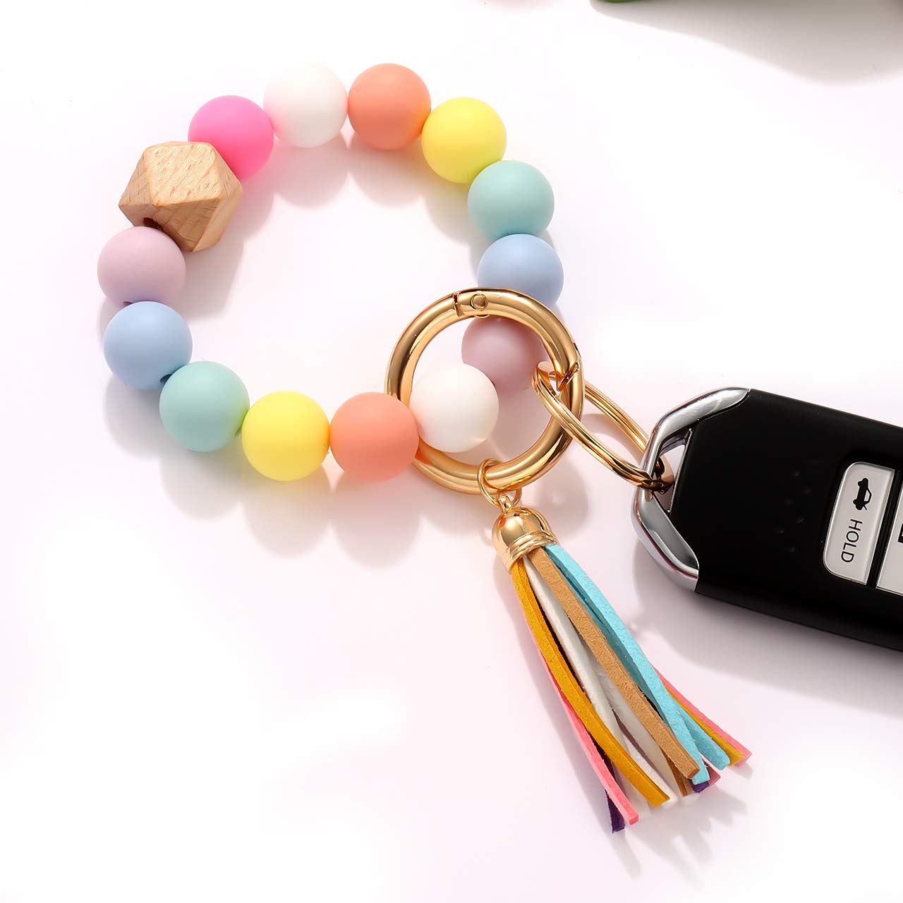 NVENF Silicone Bead Keychain Bracelet Large Keyring Elastic House Car Key Ring Wristlet Bangles(Rainbow)