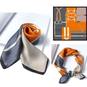 ANDANTINO 100% Real Mulberry Silk Scarf -21'' x 21''- Lightweight Neckerchief –Women Men Small Square Digital Printed Scarves (Belts-Orange-Grayish Blue)