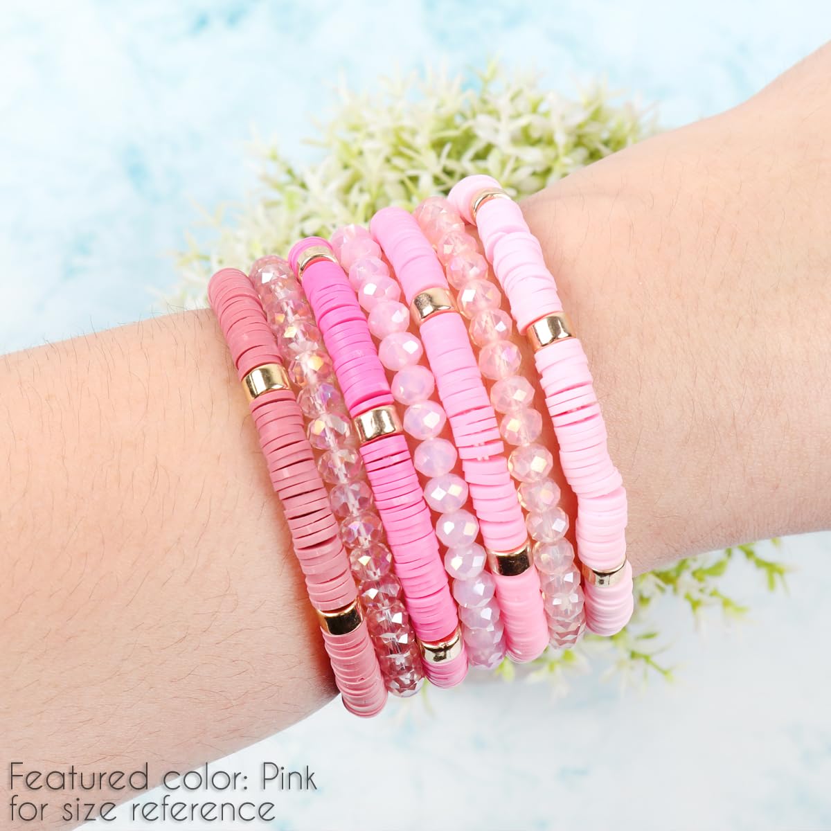 RIAH FASHION Bohemian Multi-Layer Beaded Stacking Statement Bracelets - Versatile Stretch Sparkly Crystal Beads Wrap Slip-on Bangle Set (Sparkly & Coin Bead Ombre 7 Layer - Pink)