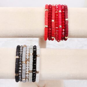 RIAH FASHION Bohemian Multi-Layer Beaded Stacking Statement Bracelets - Versatile Stretch Sparkly Crystal Beads Wrap Slip-on Bangle Set (Sparkly & Coin Bead Ombre 7 Layer - Pink)